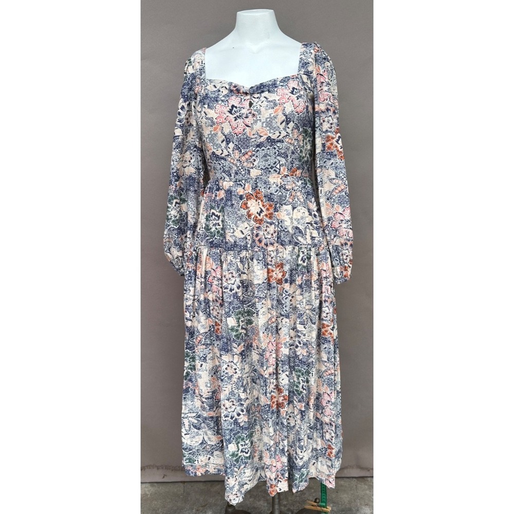 Anthropologie Moon River Midi Dress M Blue Floral Puff Sleeve Cottagecore Boho